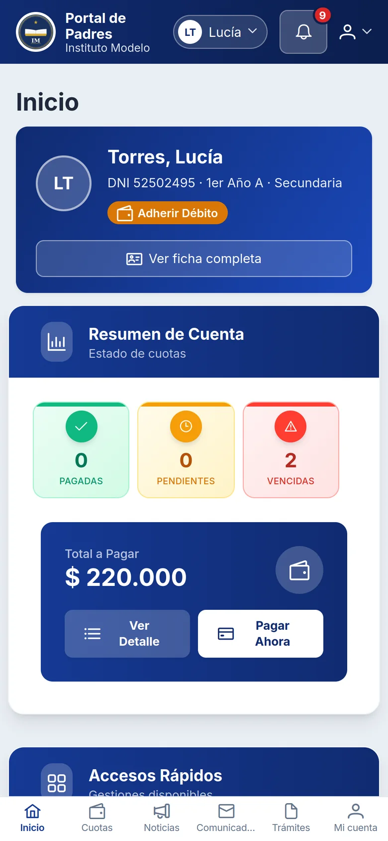 Portal de familias en el celular, con el total a pagar y el botón Pagar ahora